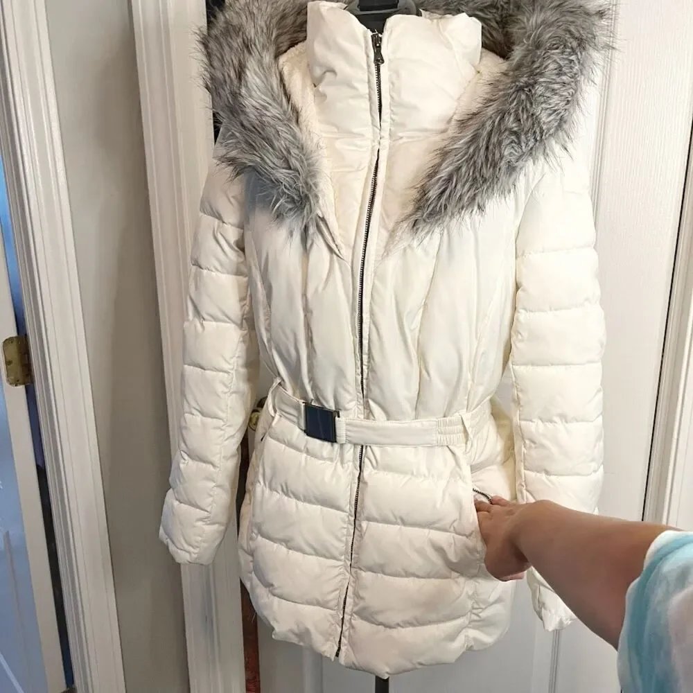 Bar III Quilted Puffer Faux Fur Hooded Belted Lined Pocket Parka Coat - Picture 12 of 16